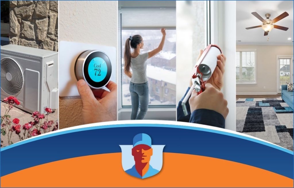 This is an image of different tips for homeowners to save energy costs, caulking, shades, a new thermostat, ceiling, ducks, etc.