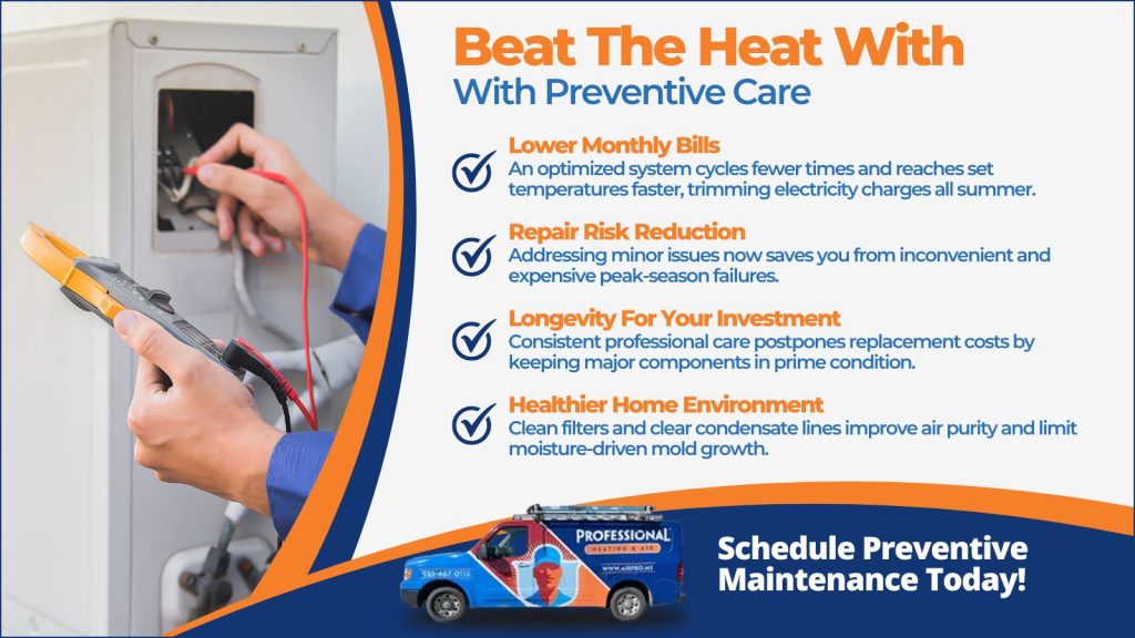 This is an image of an HVAC technician doing preventive maintenance. The headline reads beat the heat with preventative maintenance.