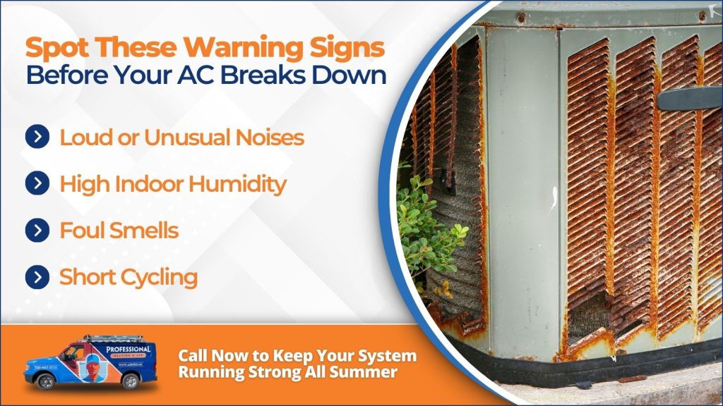 This is an image of an old AC unit. The headline reads spot these warning signs before your AC breaks down.