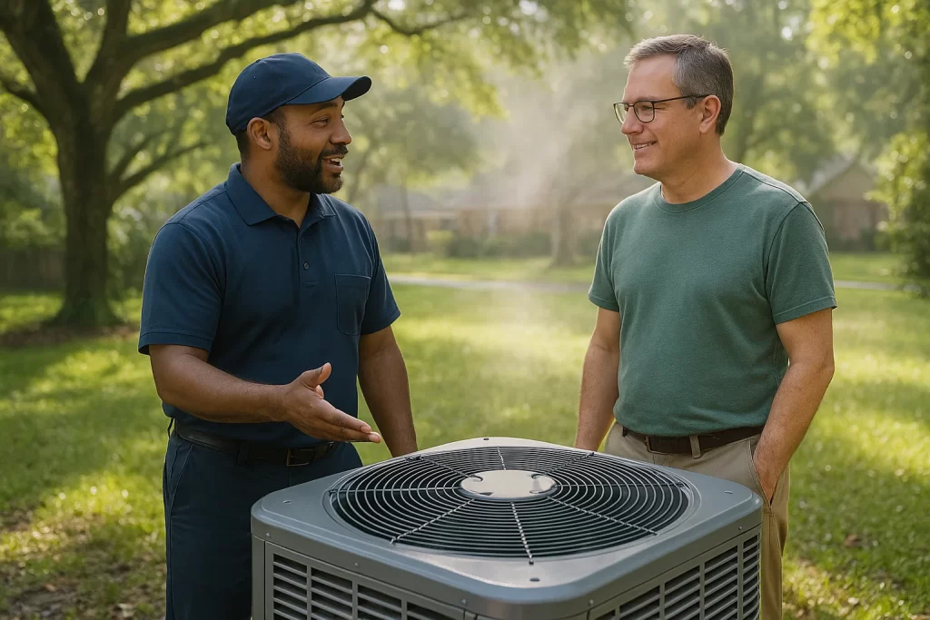 Covington homeowner discussing AC maintenance with technician in shaded front yard