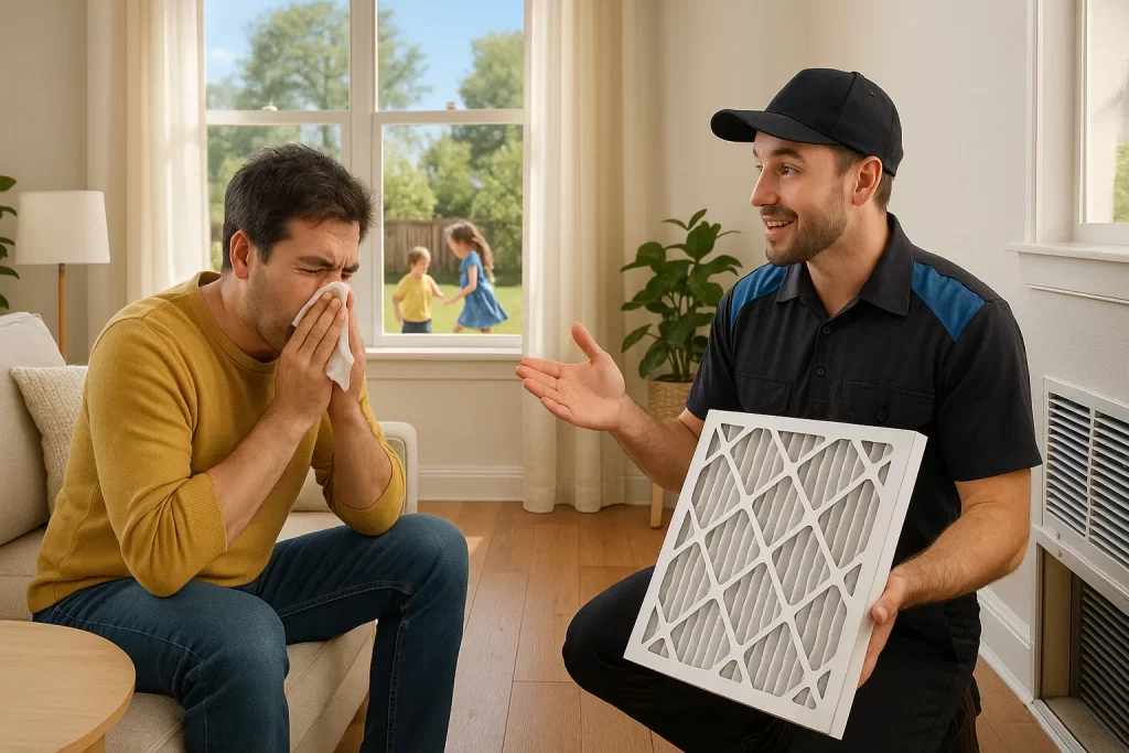 Technician showing HEPA filter installation to sneezy homeowner indoors