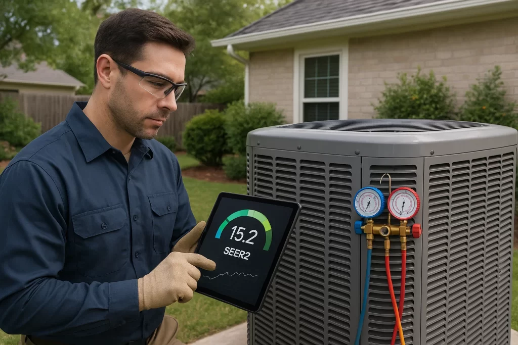 Technician checking SEER2-rated heat pump with digital tools in Baton Rouge