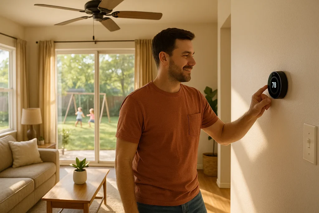 Homeowner adjusts smart thermostat to 78 degrees in Hammond living room with ceiling fan