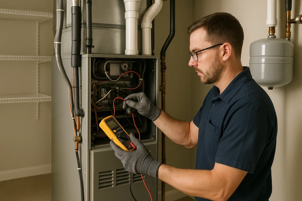 Technician testing HVAC electrical components indoors