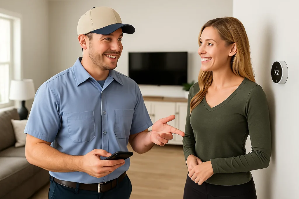 An HVAC technician is discussing a smart thermostat with the homeowner