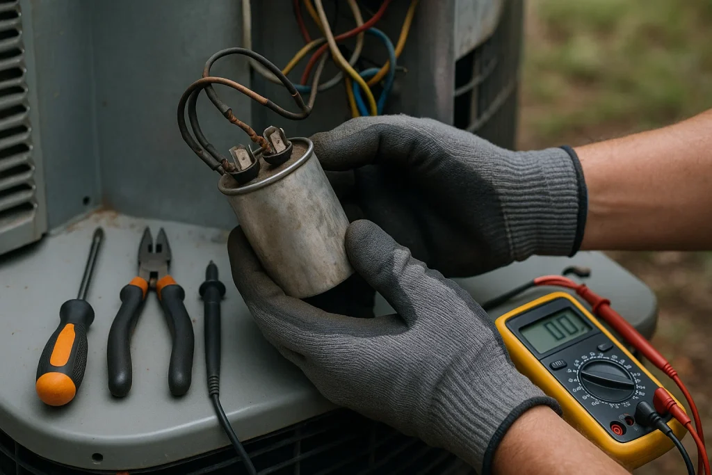 Technician inspects worn AC capacitor and wiring during repair in humid Southern climate