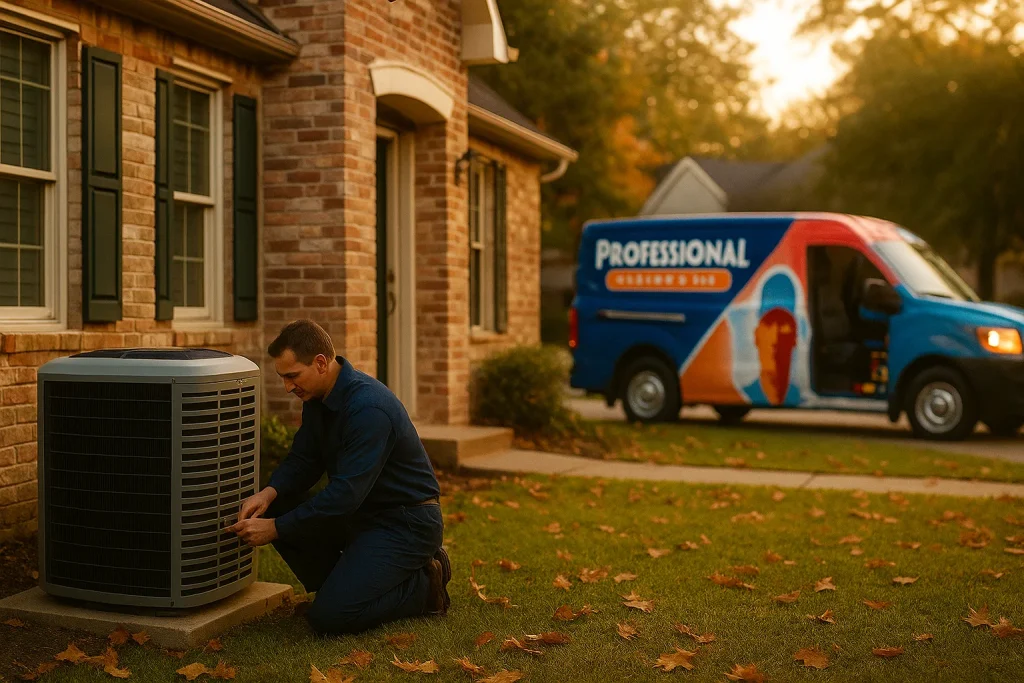 New heat pump installed outside a Covington, LA home in fall with warm lighting and a service van in the driveway.