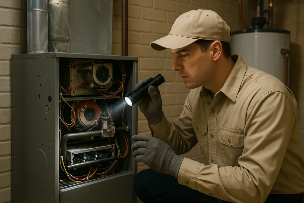 Technician inspecting gas furnace ignition during fall tune-up in Louisiana home