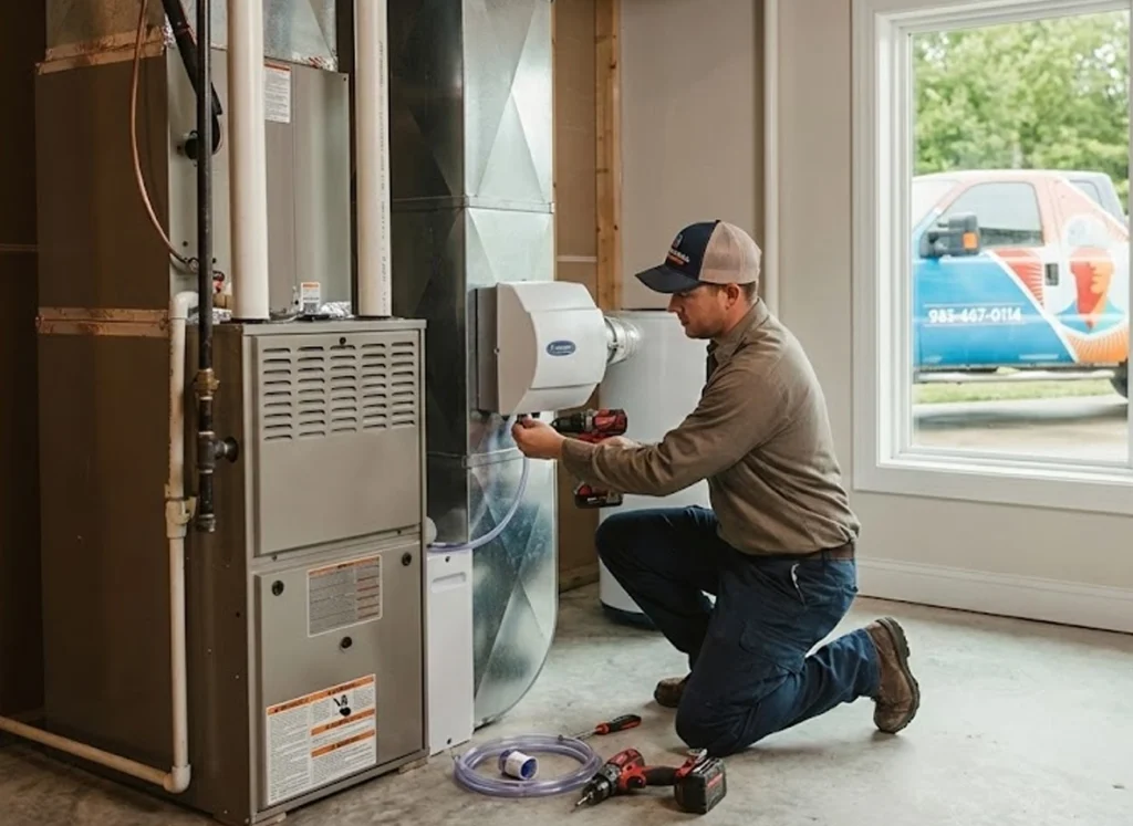 An HVAC tech installing a whole home humidifier.