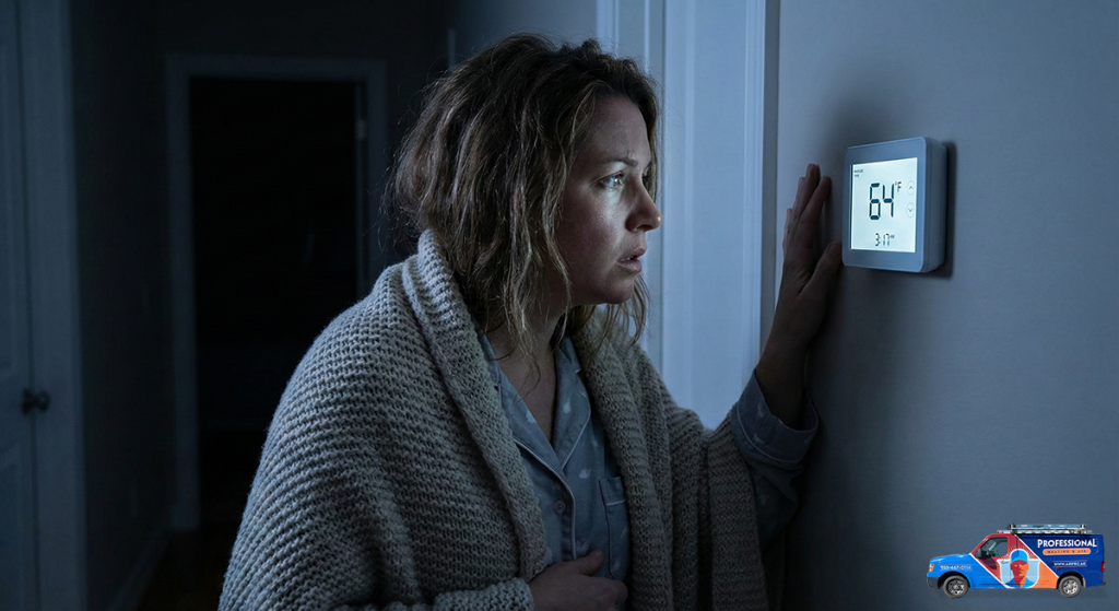A cold woman in pajamas checking her thermostat in the middle of the night