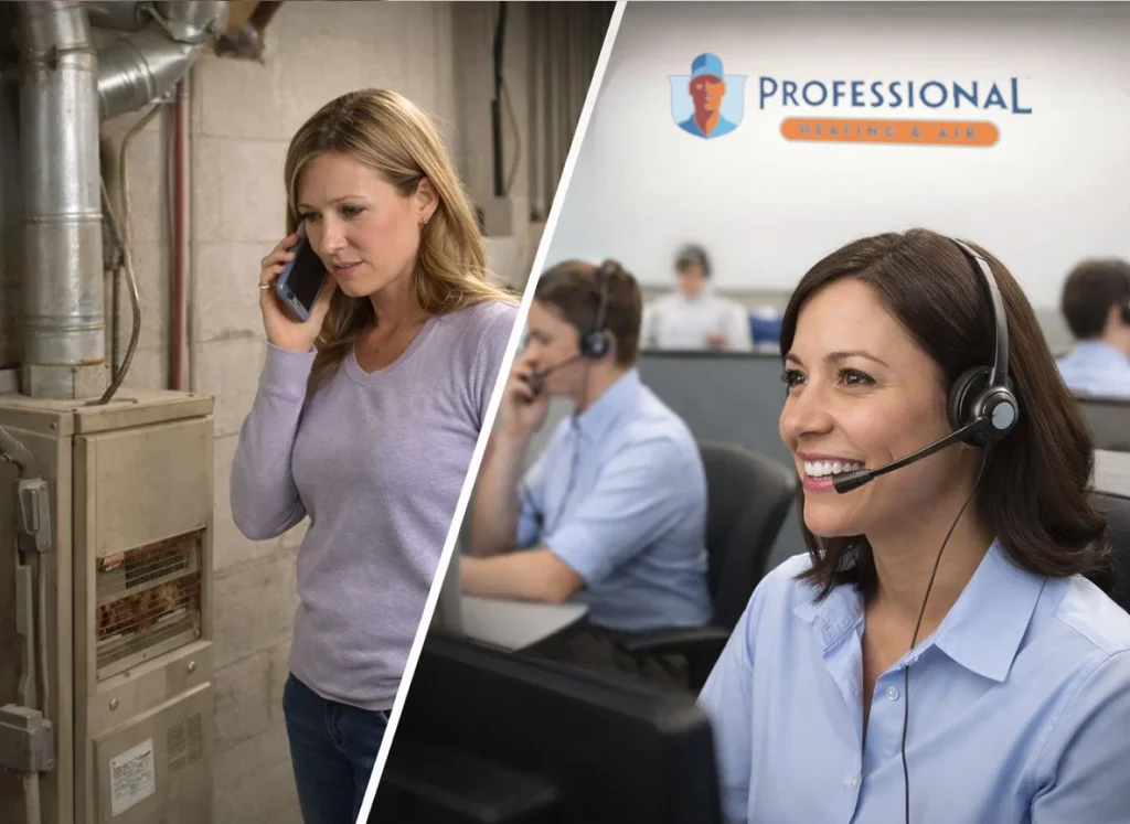 Calling MHVAC repair center on her phone from her basement.