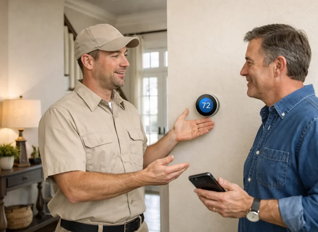 Hammond homeowner reviewing smart thermostat benefits with HVAC technician