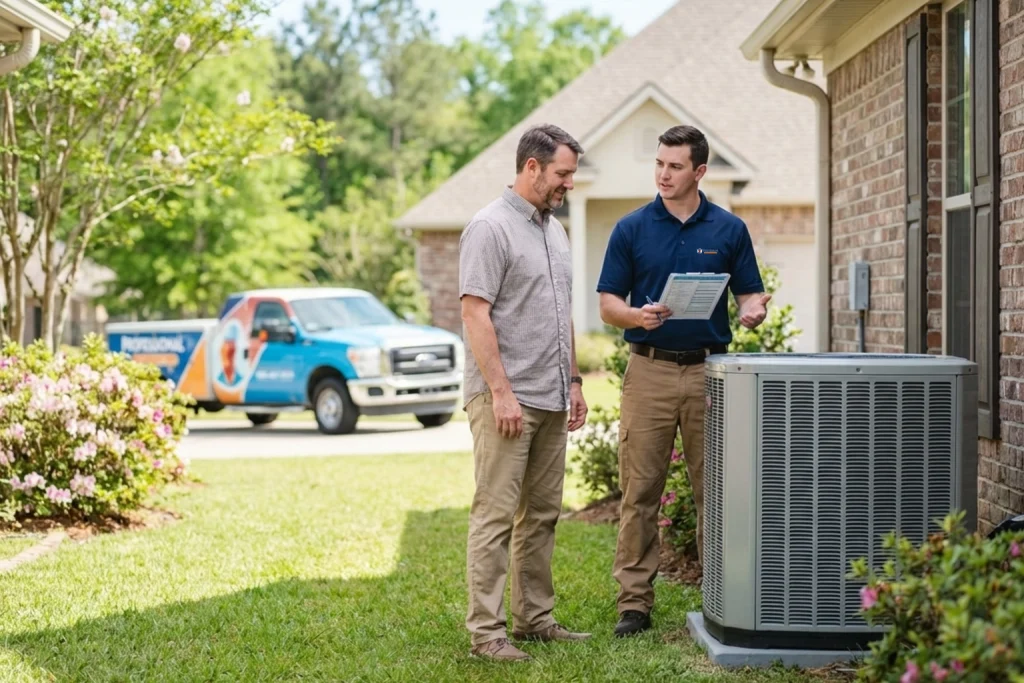 Covington homeowner meeting HVAC technician for spring AC maintenance