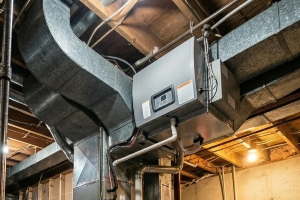 Whole-house dehumidifier installed with residential HVAC system