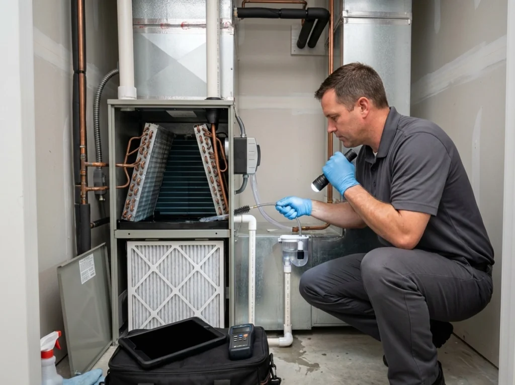 HVAC technician cleaning condensate drain for indoor air quality