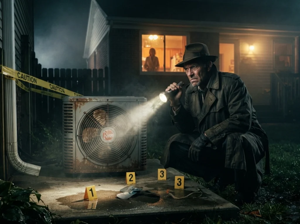 Detective inspecting an outdoor AC unit at night for signs it needs air conditioning repair in Ponchatoula, LA