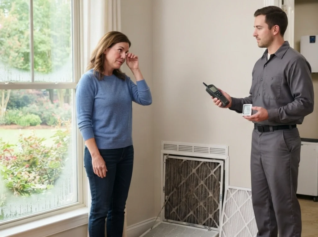 Madisonville homeowner reviewing indoor air quality problems with technician