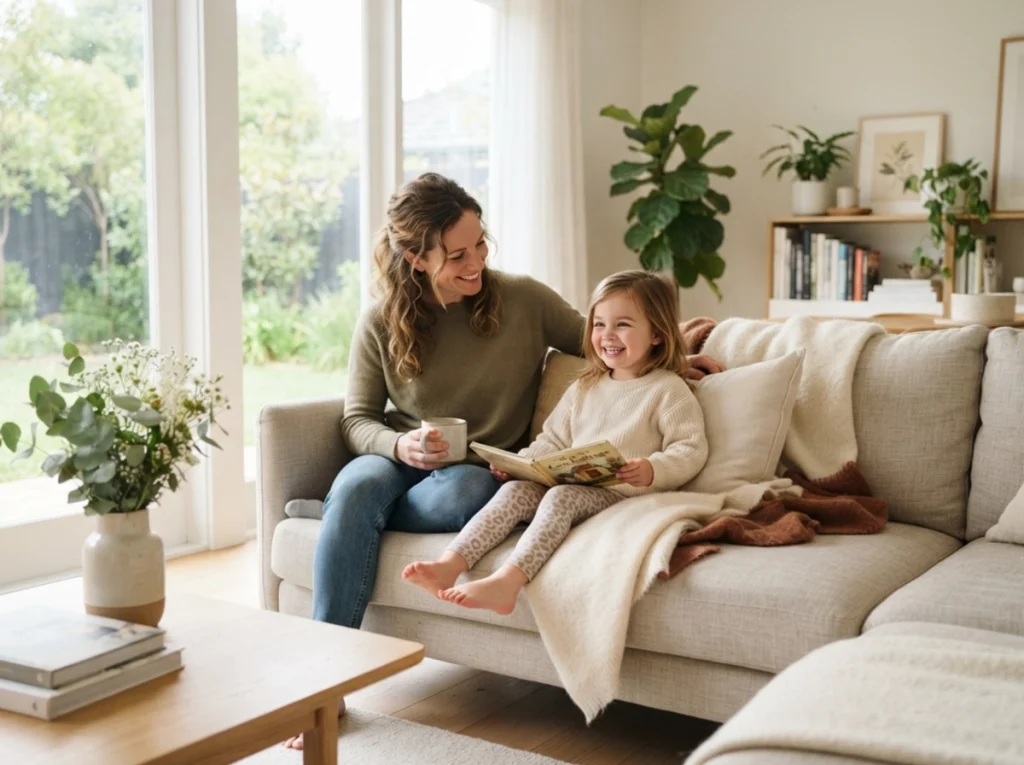 Child resting comfortably in a bright, clean living room