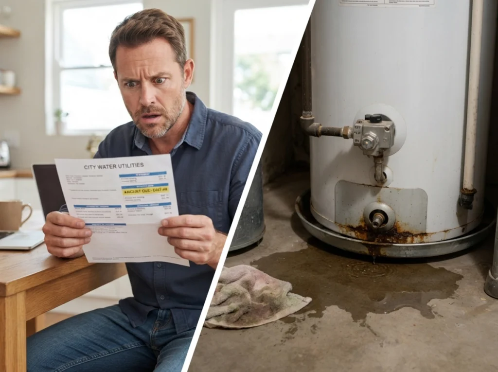 Split screen image of a homeowner with a high water bill and on the right side, a leaking water heater.