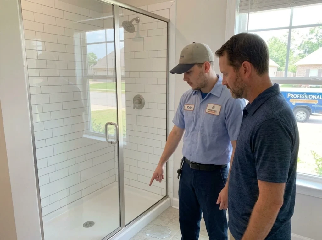 Madisonville homeowner discussing hidden plumbing leak signs with plumber
