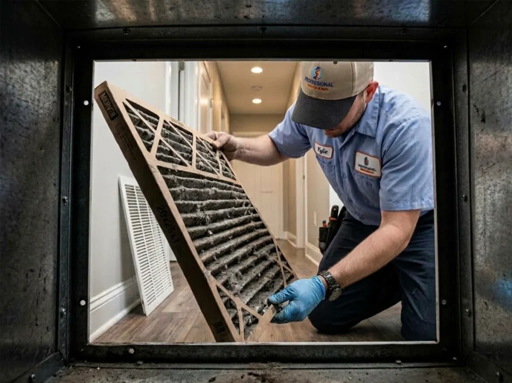 An HVAC technician removing a dirty air filter from a homes air exchange unit.