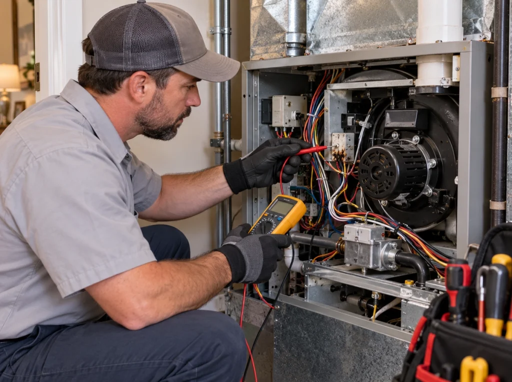 HVAC technician inspecting electrical components after a burning smell